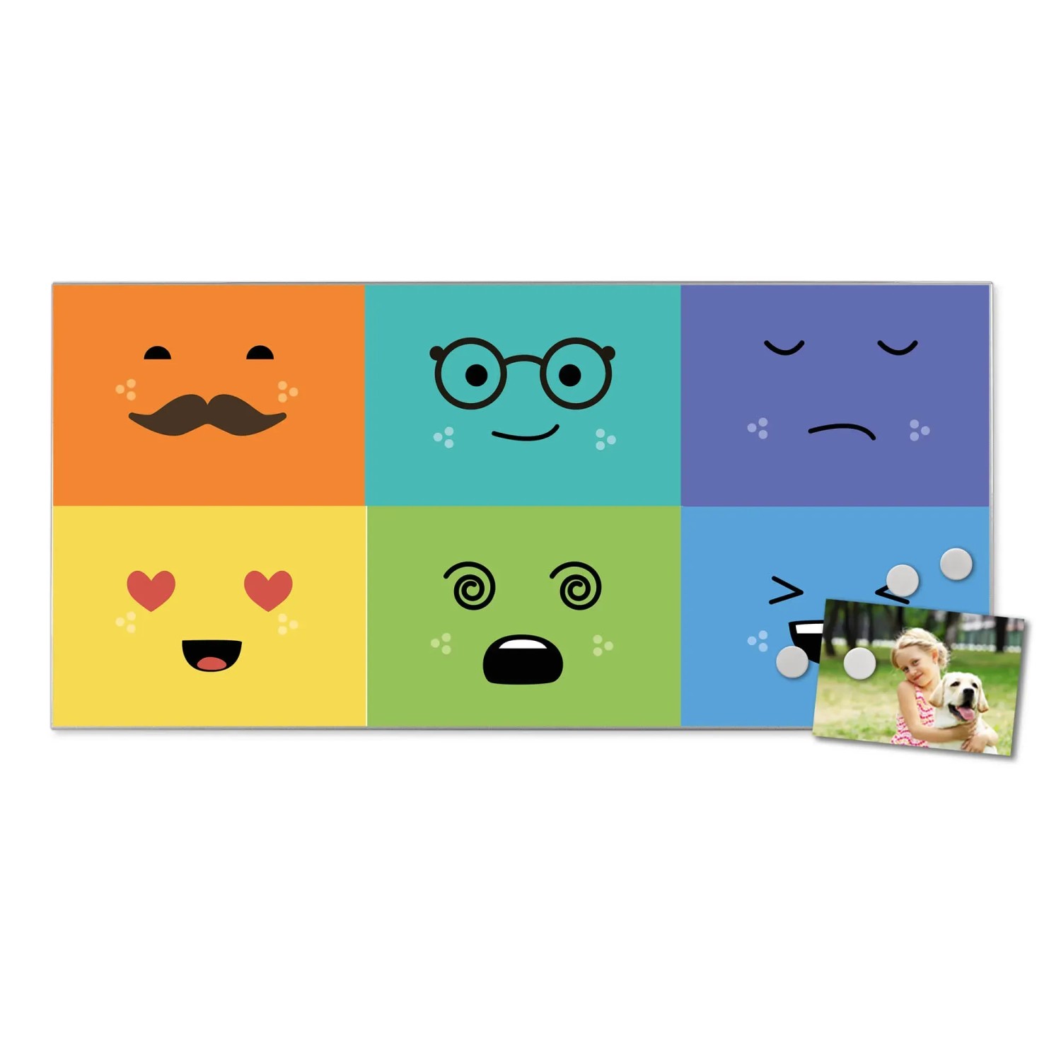 Bunte Magnettafel 78x37cm mit Emoji-Motiv 'Neun Keinenasen' und Foto, ideal als Wanddekoration.