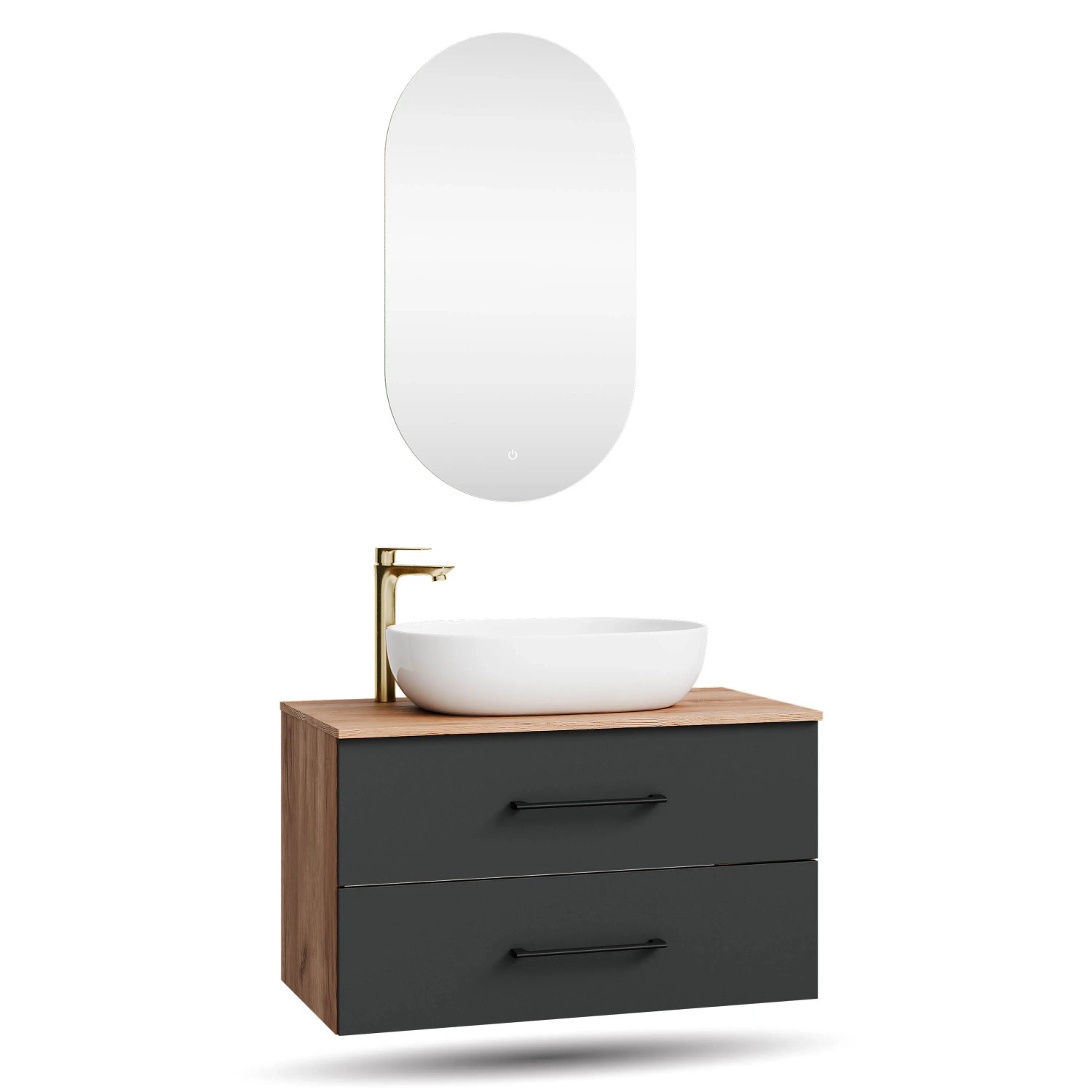 Planetmöbel LUX Badmöbel Set 90 cm mit Aufsatzwaschbecken 60 cm Weiß LED Spiegel Soft Close
