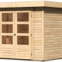 Karibu Holz-Gartenhaus Raala, sandbeige, unbehandelt, mit Pultdach und Doppeltür.
