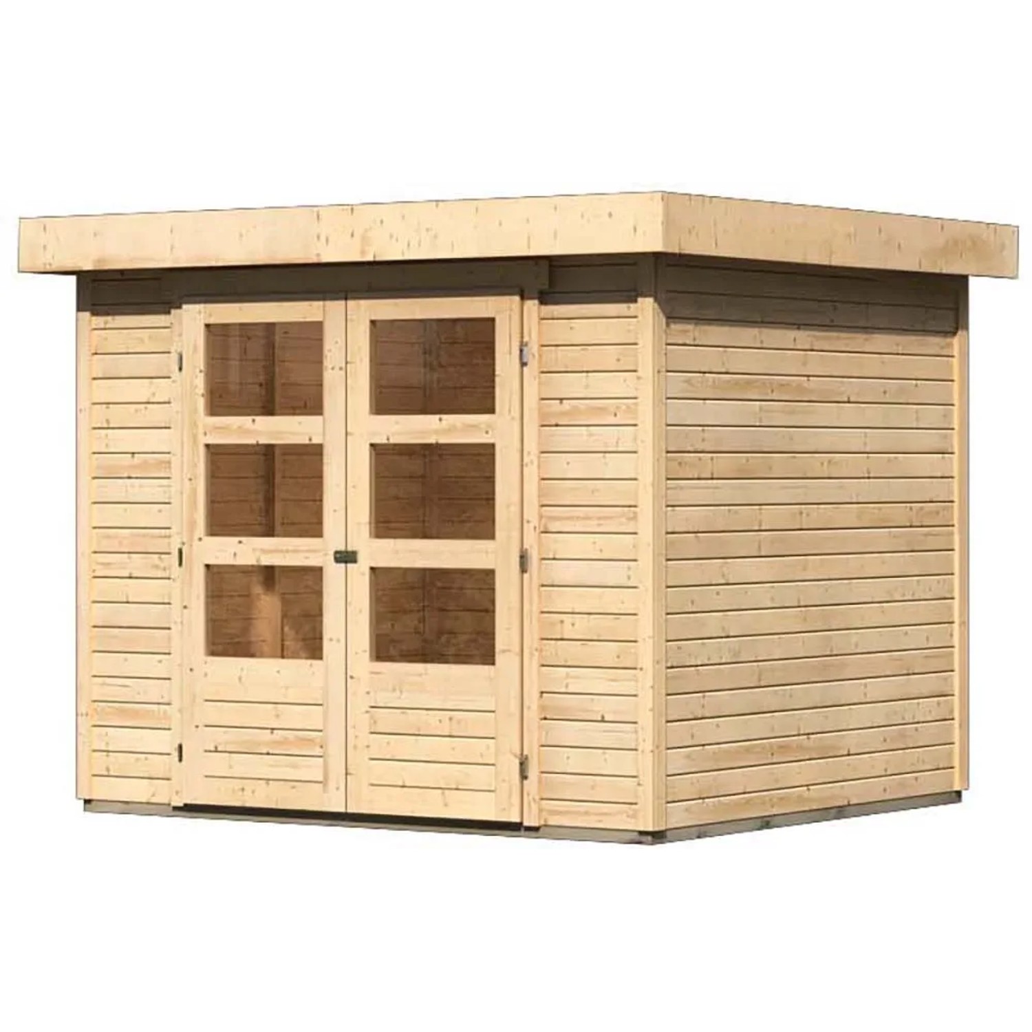 Karibu Holz-Gartenhaus Raala, sandbeige, unbehandelt, mit Pultdach und Doppeltür.