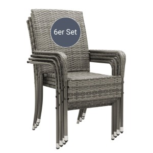 6er Set graue Polyrattan Gartenstühle Yoro, stapelbar mit Armlehnen.