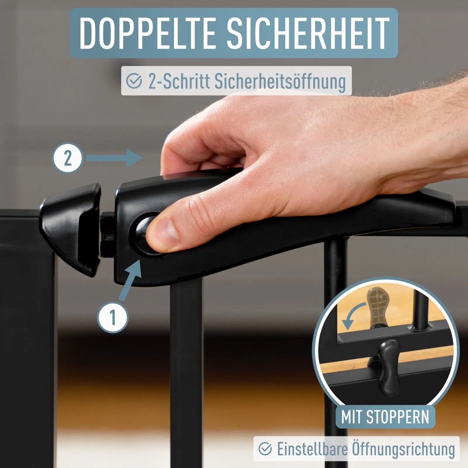 Detailaufnahme: 2-Schritt Sicherheitsöffnung des schwarzen ib style Türschutzgitters.