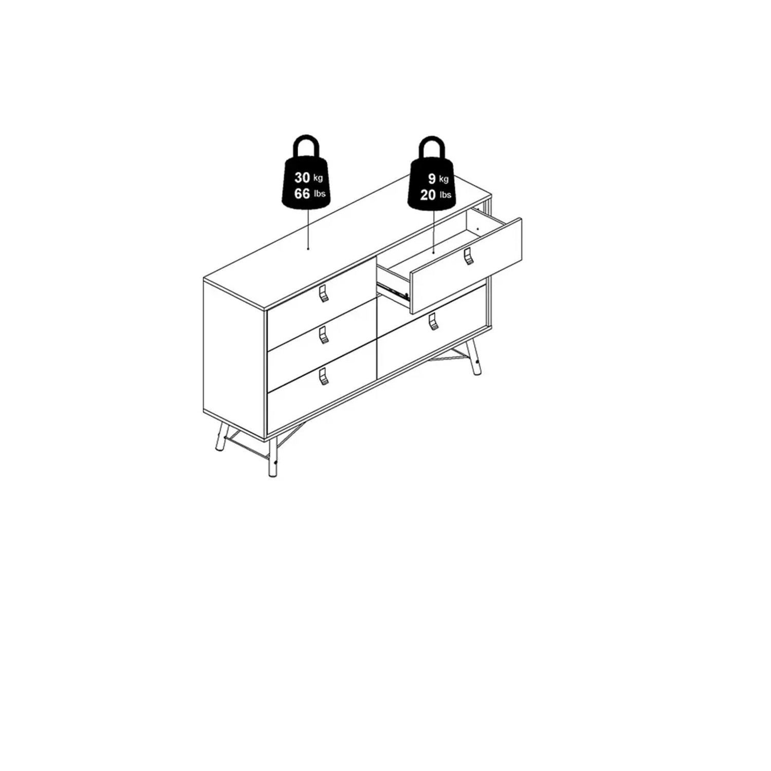 ebuy24 Rye Kommode, breit, mit 6 Schubladen in Mattweiss, skizzenhafte Darstellung.