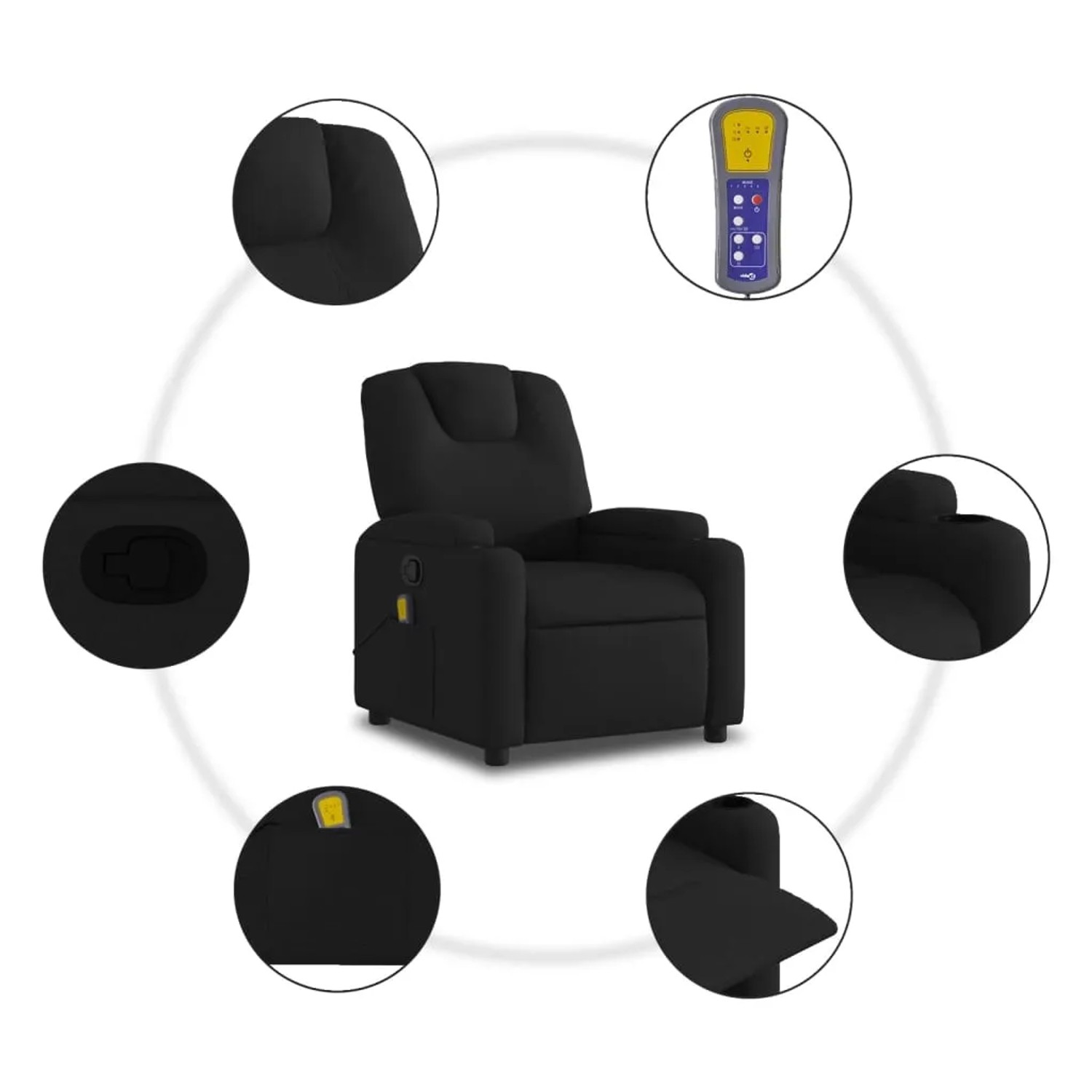 Schwarzer vidaXL Massagesessel Modell 2 aus Stoff mit Getränkehaltern und Fernbedienung.