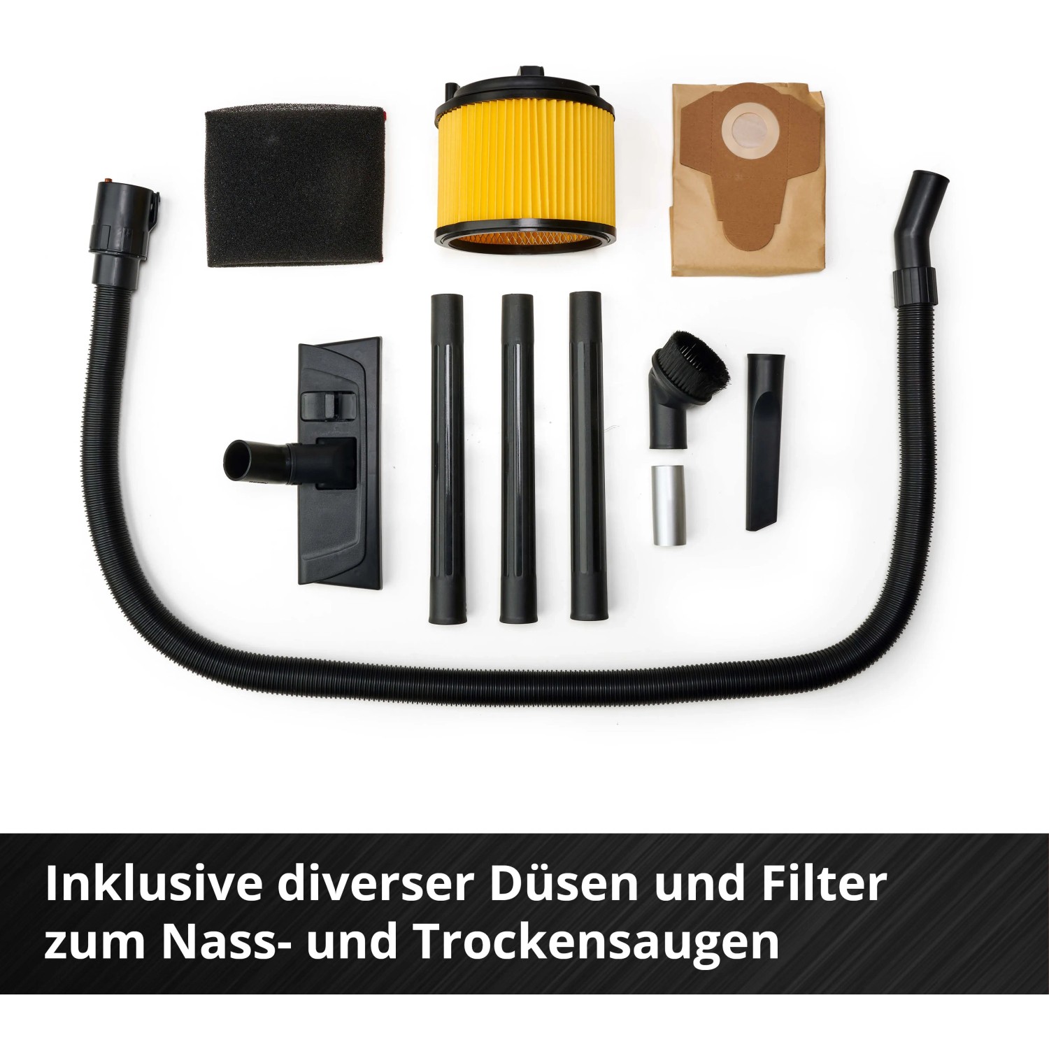 Zubehör für Einhell Akku-Nass-Trockensauger: Düsen, Filter, Schlauch und Verlängerungsrohre.