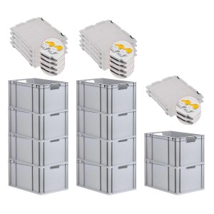 PROREGAL Spar Set: 10 graue Euroboxen mit Scharnierdeckel und gelben Verschlüssen, 65 Liter.