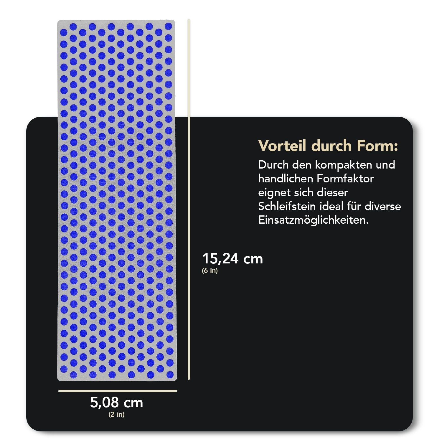 DMT Diamant Schleifstein 6 Zoll, grobe Körnung, mit blauen Punkten auf grauem Stein in Holzbox.