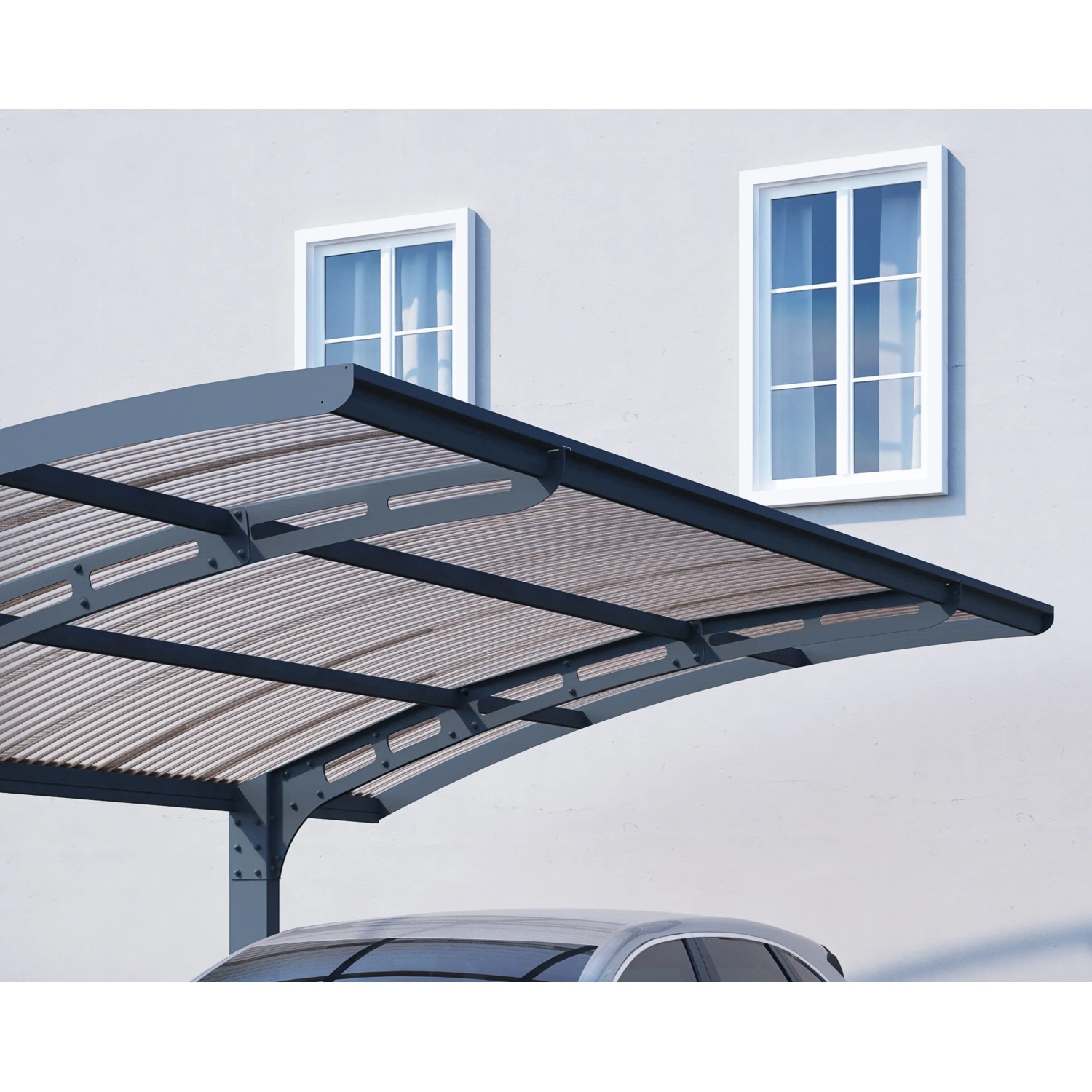 Moderner Palram Canopia Carport Arizone Wave mit gebogenem, transparentem Dach und stabiler Aluminiumkonstruktion.