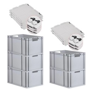 PROREGAL Eurobox Sparset: 5 graue Aufbewahrungsboxen mit Deckel, 65 Liter, gestapelt.