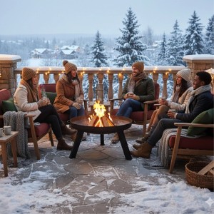 Schwarze Relaxdays Feuerschale aus Stahl mit Lagerfeuer. Freunde sitzen gemütlich auf einer verschneiten Terrasse im Winter.