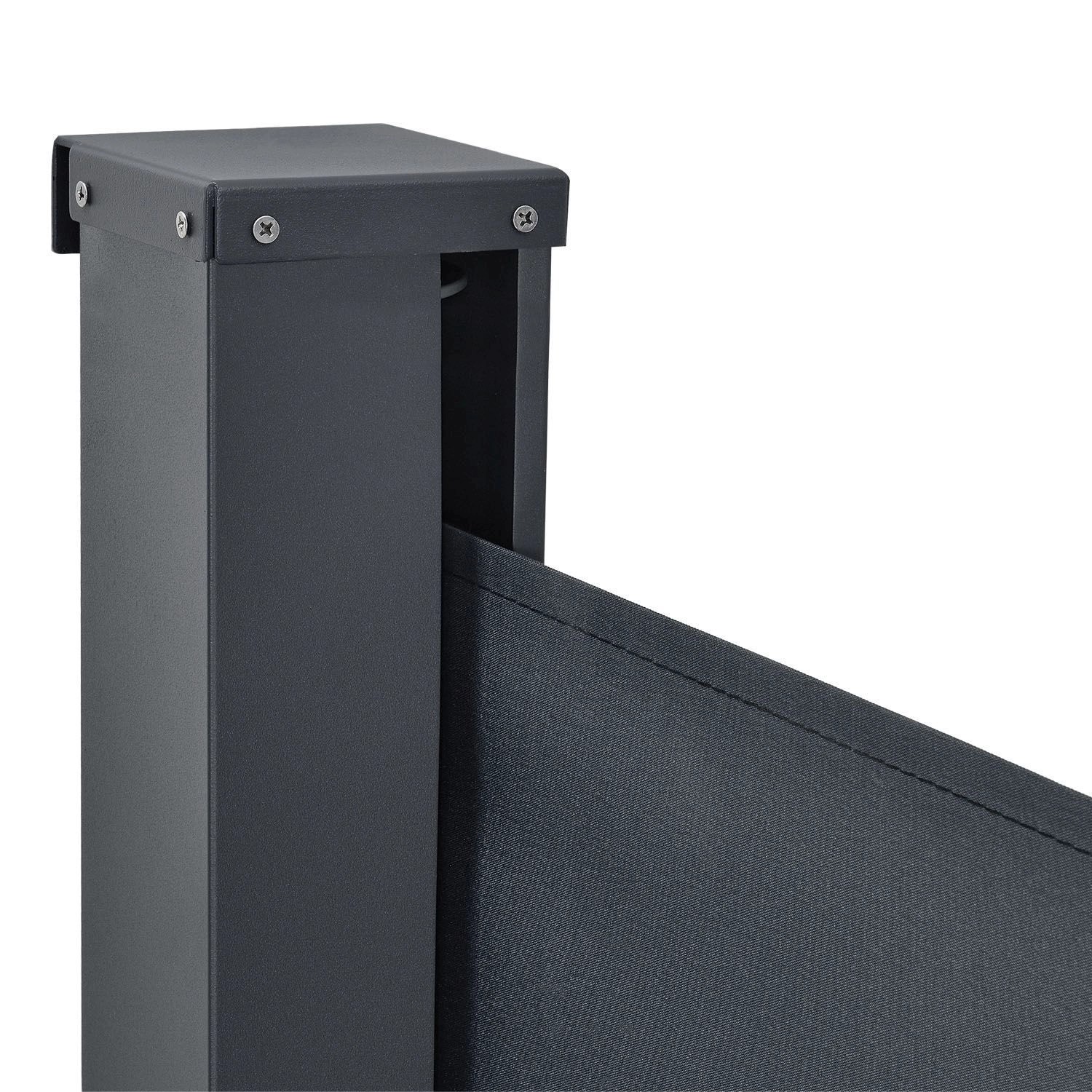 Detailaufnahme: Dunkelgraue Juskys Seitenmarkise Dubai, ausgefahren.