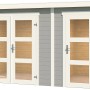 Lichtgraues Lasita Holz-Gartenhaus Zambezi XL mit Doppeltür und Einzeltür. Gartenhaus mit Fenster.