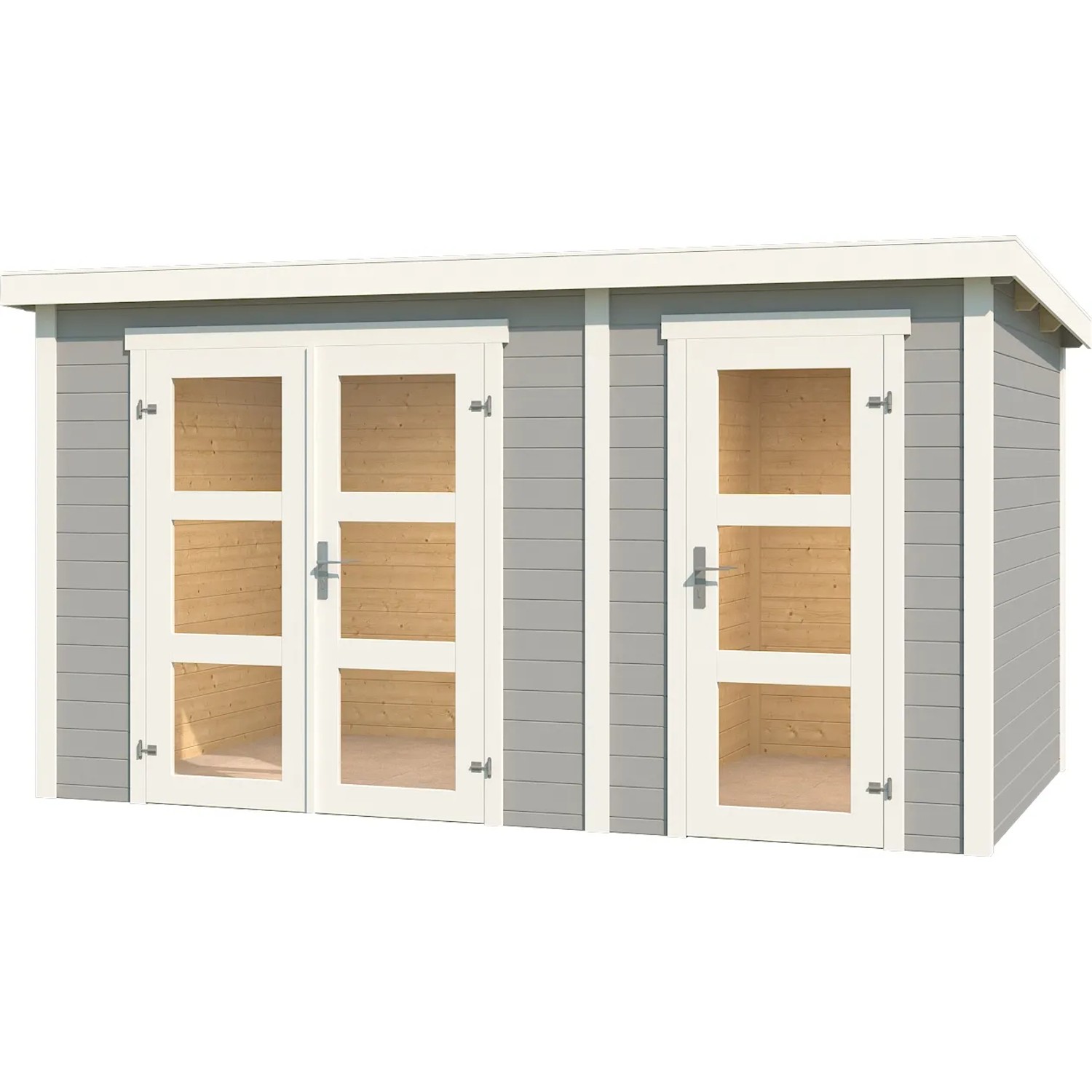 Lichtgraues Lasita Holz-Gartenhaus Zambezi XL mit Doppeltür und Einzeltür. Gartenhaus mit Fenster.