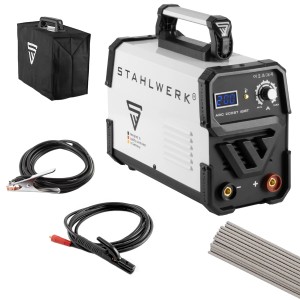 STAHLWERK ARC 200 ST Schweißgerät mit Zubehör: Massekabel, Elektrodenhalter, Drahtbürste und Schutzhülle.