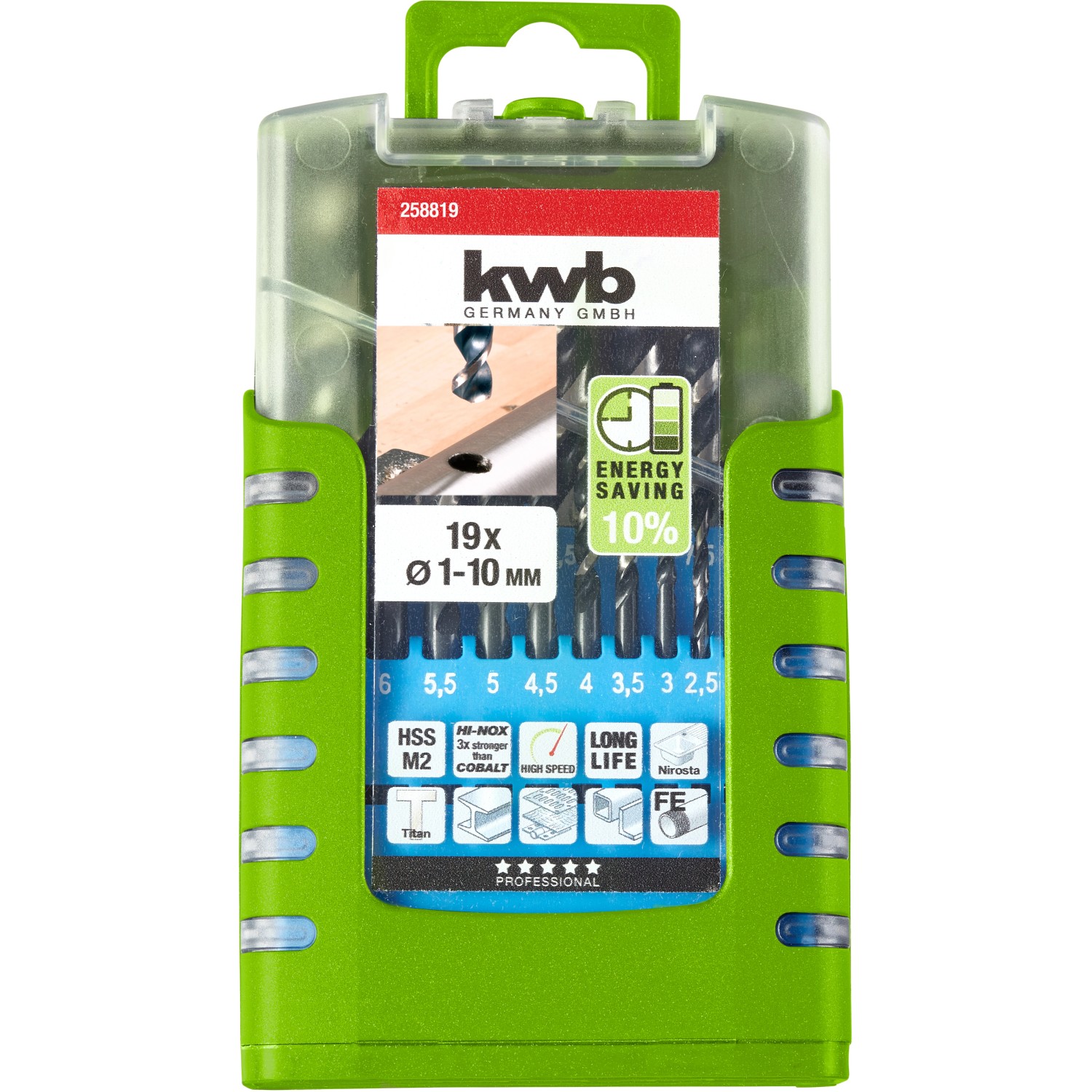 kwb HI-NOX HSS M2 Metallbohrer-Satz, 19-teilig, 1-10mm, in grüner Verpackung.