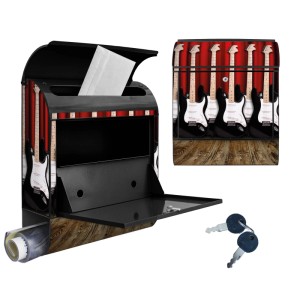 Schwarzer Banjado Design Briefkasten mit E-Gitarren Motiv, Zeitungsfach und zwei Schlüsseln.
