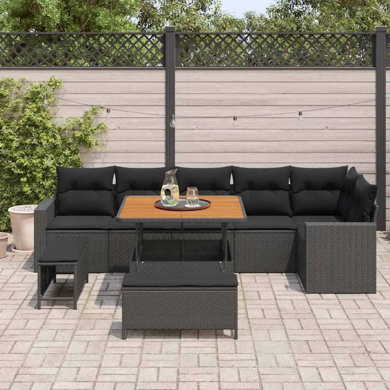 vidaXL Garten-Sofa-Set, 9-teilig, schwarz, Poly Rattan. Gartenmöbel mit Tisch, Sesseln, Hockern und Sofa.
