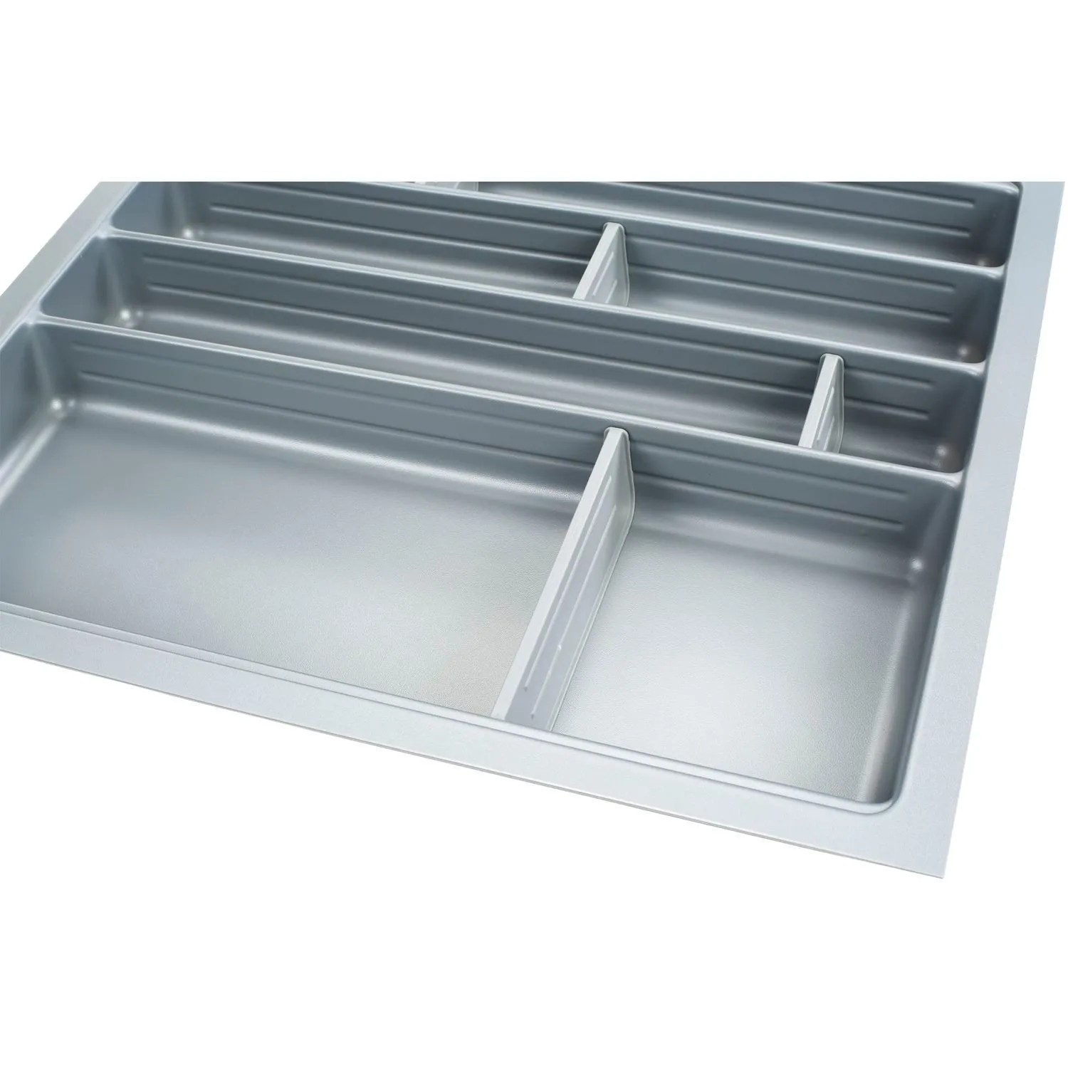 Agoform Trennwand-Set Scoop-2 aus silbernem Kunststoff für Besteckeinsätze. 3 kleine, 1 großer Trenner zur Schubladenorganisation.