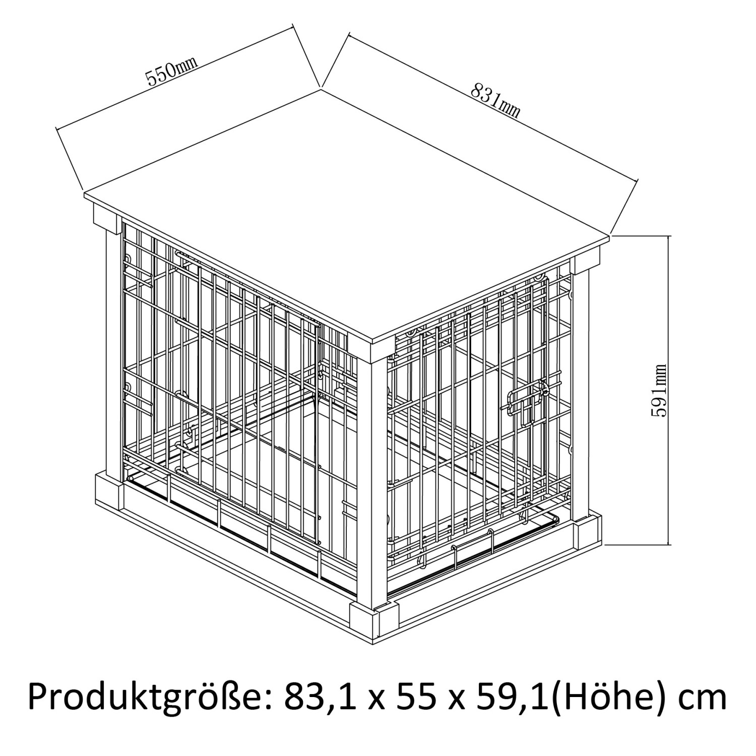 Skizze einer weißen Hundebox Indoor mit Tischoberfläche, 83x55x59 cm, als Hundezwinger.