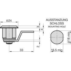 Technische Zeichnung: Basi Hebelschloss HS 354 für Briefkästen, Maße und Ausstanzung dargestellt.