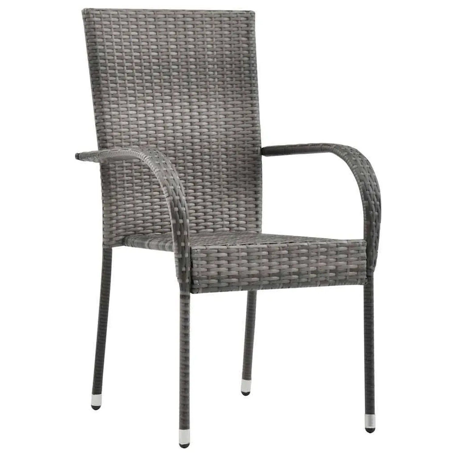 Grauer stapelbarer Gartenstuhl aus Polyrattan mit Armlehnen und Stahlgestell.