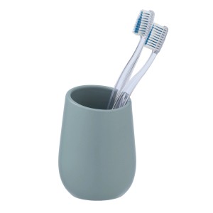 Wenko Zahnputzbecher Badi blaugrau mit zwei Zahnbürsten aus Keramik.