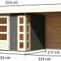 Karibu Gartenhaus Sölve, terragrau, mit Maßangaben. Holzhaus mit Flachdach und Anbau.