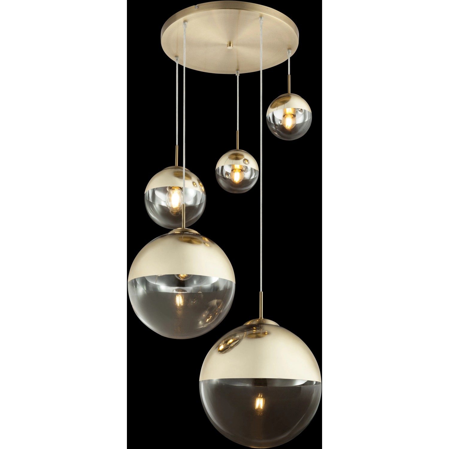 Goldfarbige Globo Pendelleuchte Varus mit fünf Glasschirmen. Moderne Hängeleuchte für Wohn- und Schlafzimmer.
