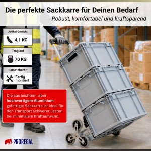 PROREGAL Klappbare Treppensackkarre ELEPHANT 100x39x47cm Traglast 80kg Aluminiumrahmen TRR Fachgummiräder Silber