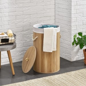 Runder Juskys Bambus Wäschekorb mit Deckel, Wäschesack und Tragegriffen in Natur.