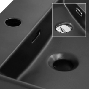 Detailaufnahme: Eckiges, schwarzes ML-Design Keramik Waschbecken, Aufsatzwaschbecken.