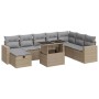 Beige 9-teilige Garten-Sofagarnitur aus Poly Rattan mit hellgrauen Kissen und Tisch mit Glasplatte.