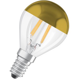 Osram LED-Leuchtmittel E14 Tropfenform, 4W, warmweiß, mit goldener Spitze.