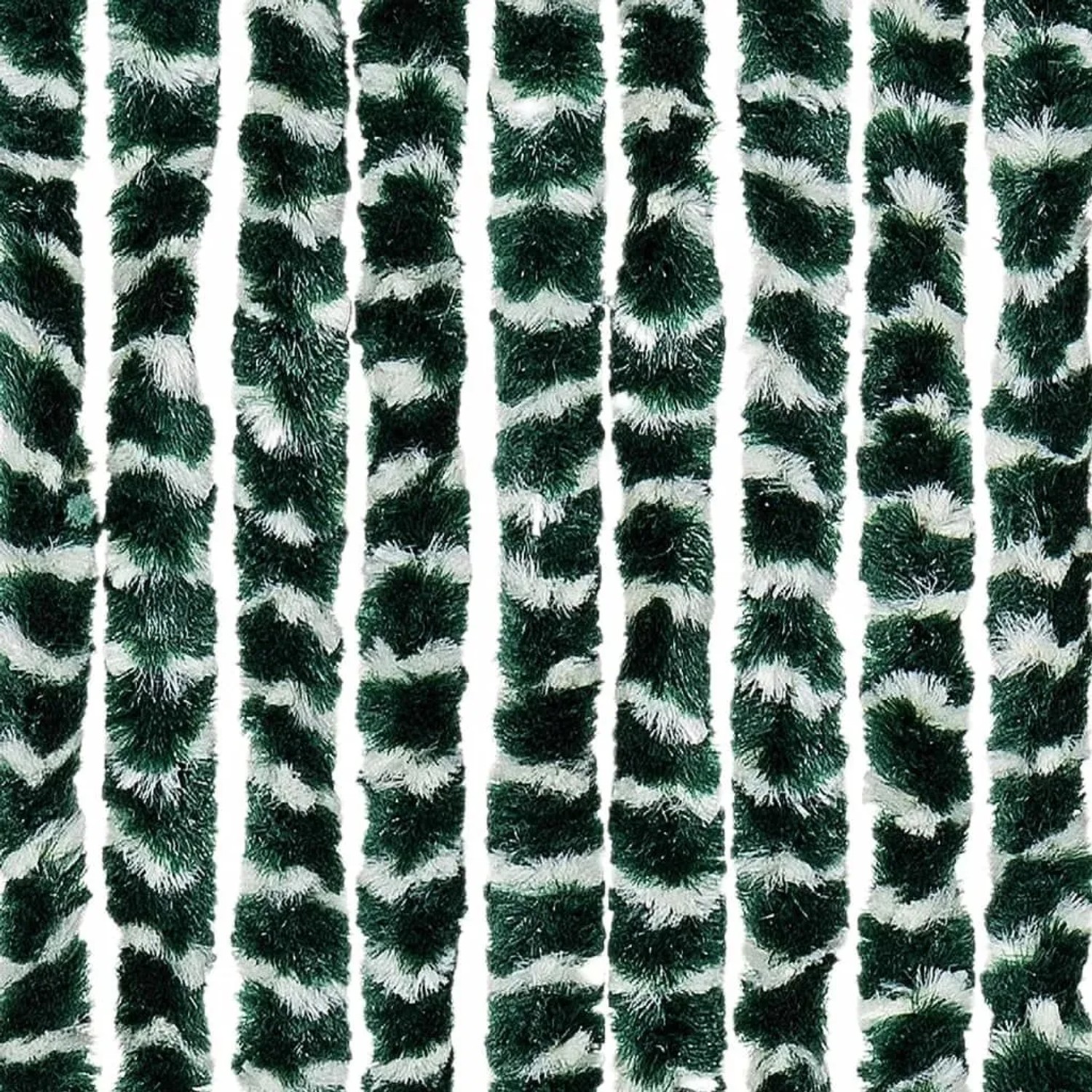 Grün-weißer Insektenschutz-Vorhang aus Chenille. Flauschige, vertikale Stränge für Fenstervorhänge.