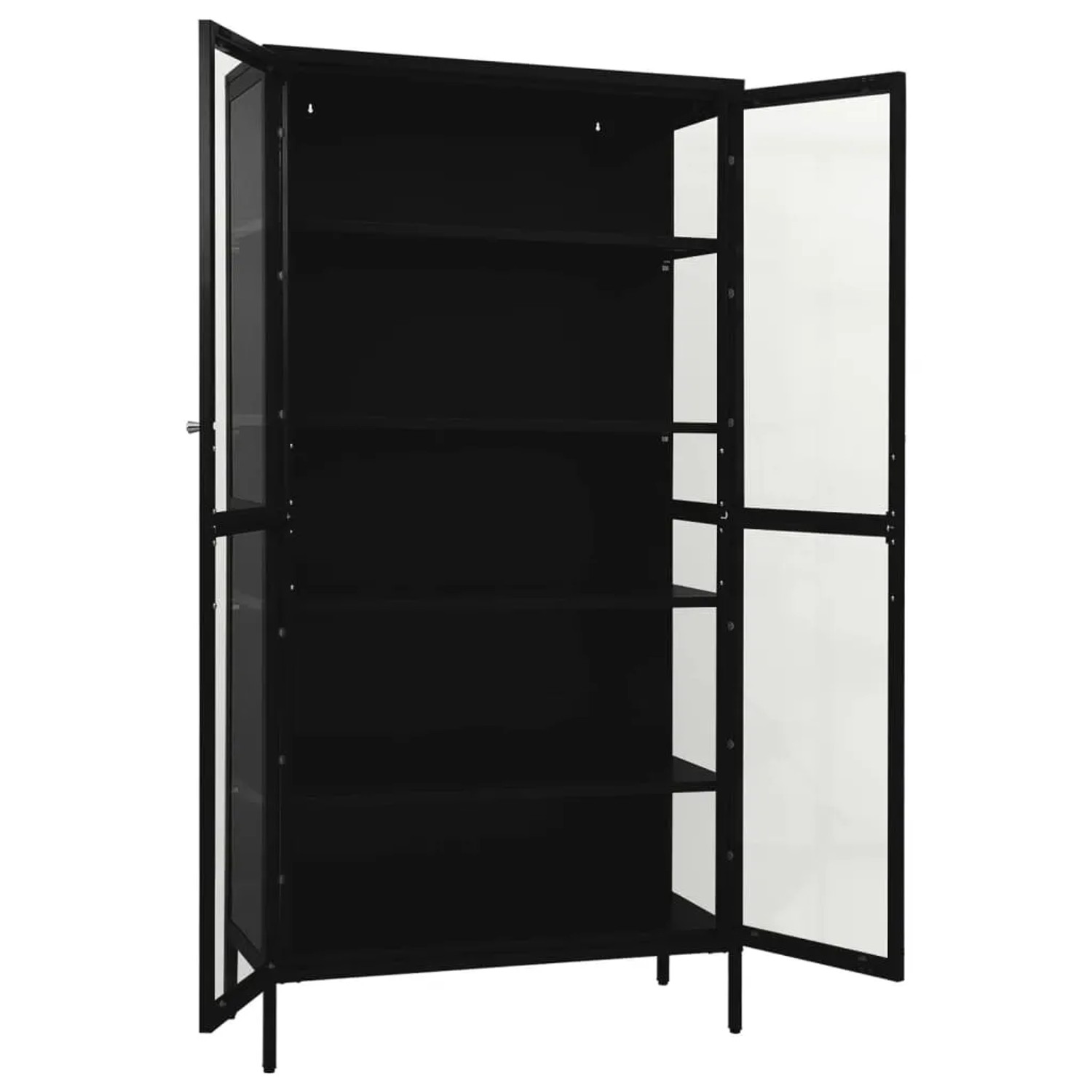 Schwarze vidaXL Vitrine (90x40x180 cm) aus Stahl und Glas, Büroschrank mit offenen Türen und Regalböden.