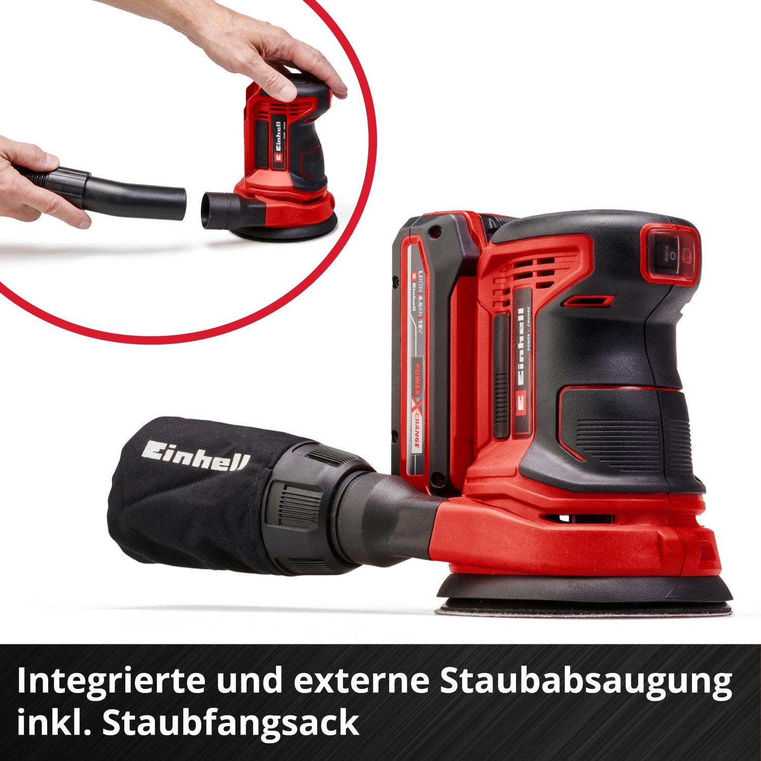 Einhell Akku-Exzenterschleifer TE-RS 18 Li Solo mit Staubabsaugung und Akku. Mitglied der Power X-Change Familie.
