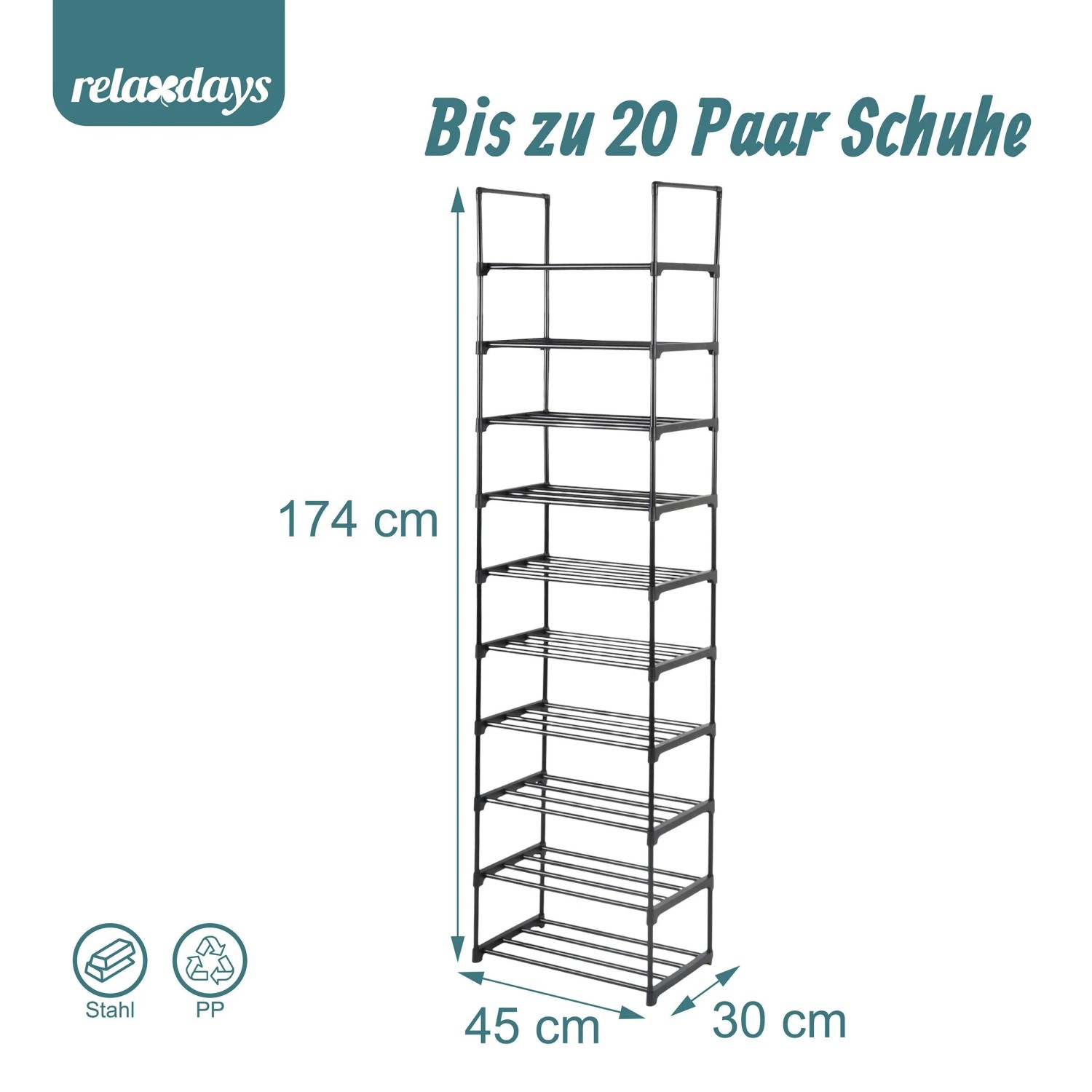 Schwarzes Relaxdays Schuhregal aus Metall mit 10 Ebenen, 174x45x30 cm. Platzsparendes Stecksystem für bis zu 20 Paar Schuhe.