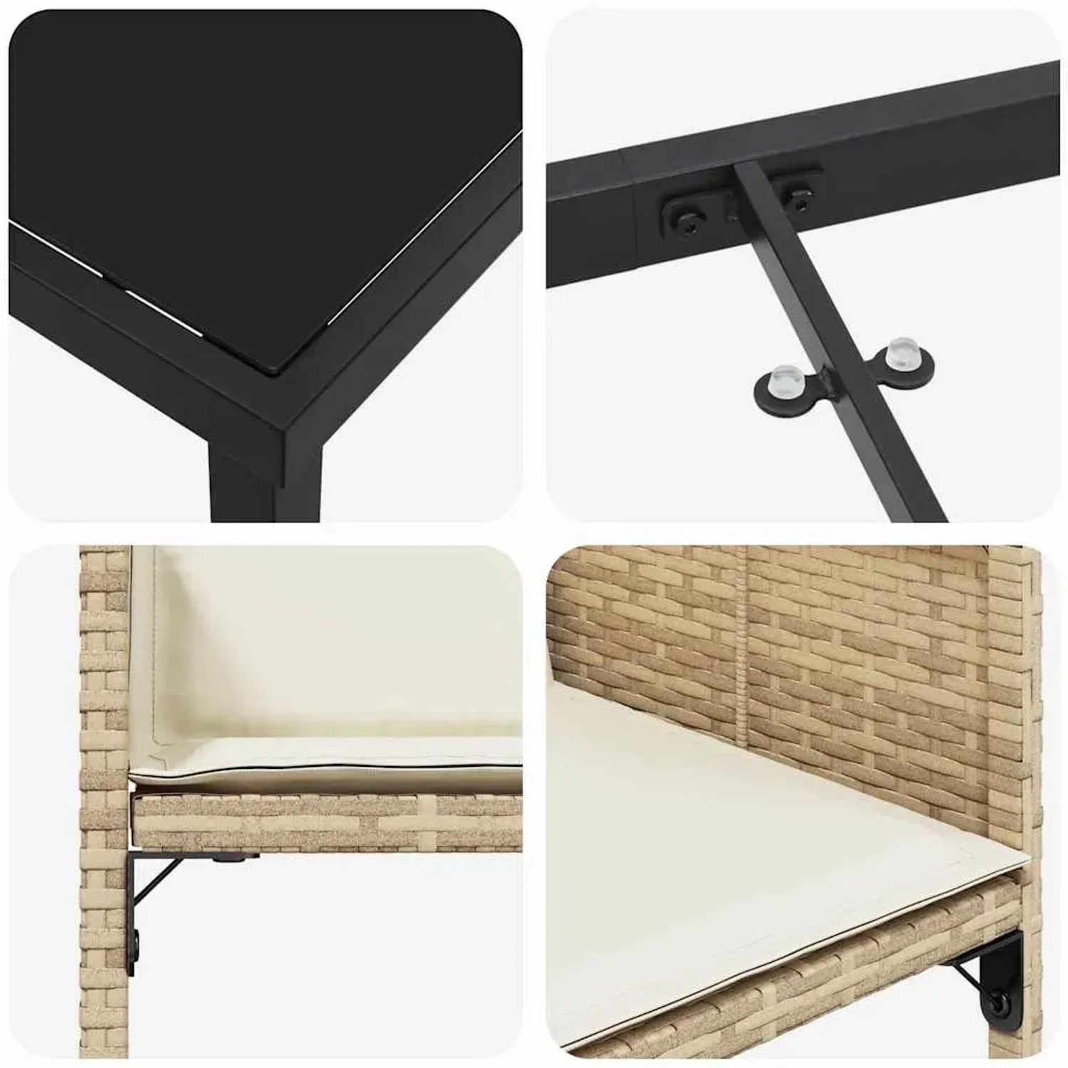 Detailansicht vidaXL Garten Essgruppe, 5-tlg, beige Poly Rattan, Tisch mit Glasplatte, Stühle mit Kissen.