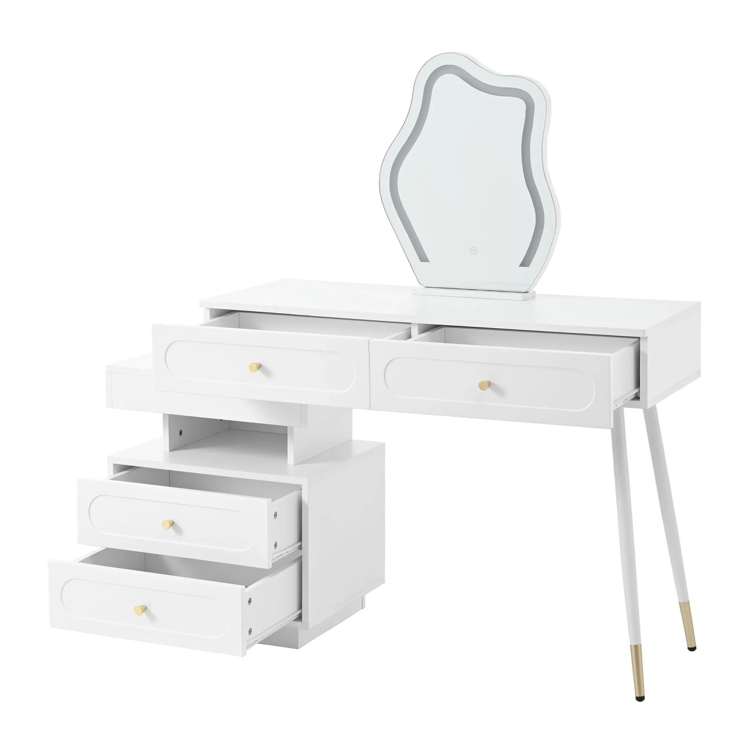 okwish Schminktisch mit LED Spiegel Schubladen Schlafzimmer 140x40x130cm Weiß