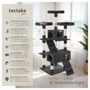 Schwarzer Tectake Kratzbaum Barney, 170 cm hoch, mit Häusern, Plattformen und Sisalstämmen.