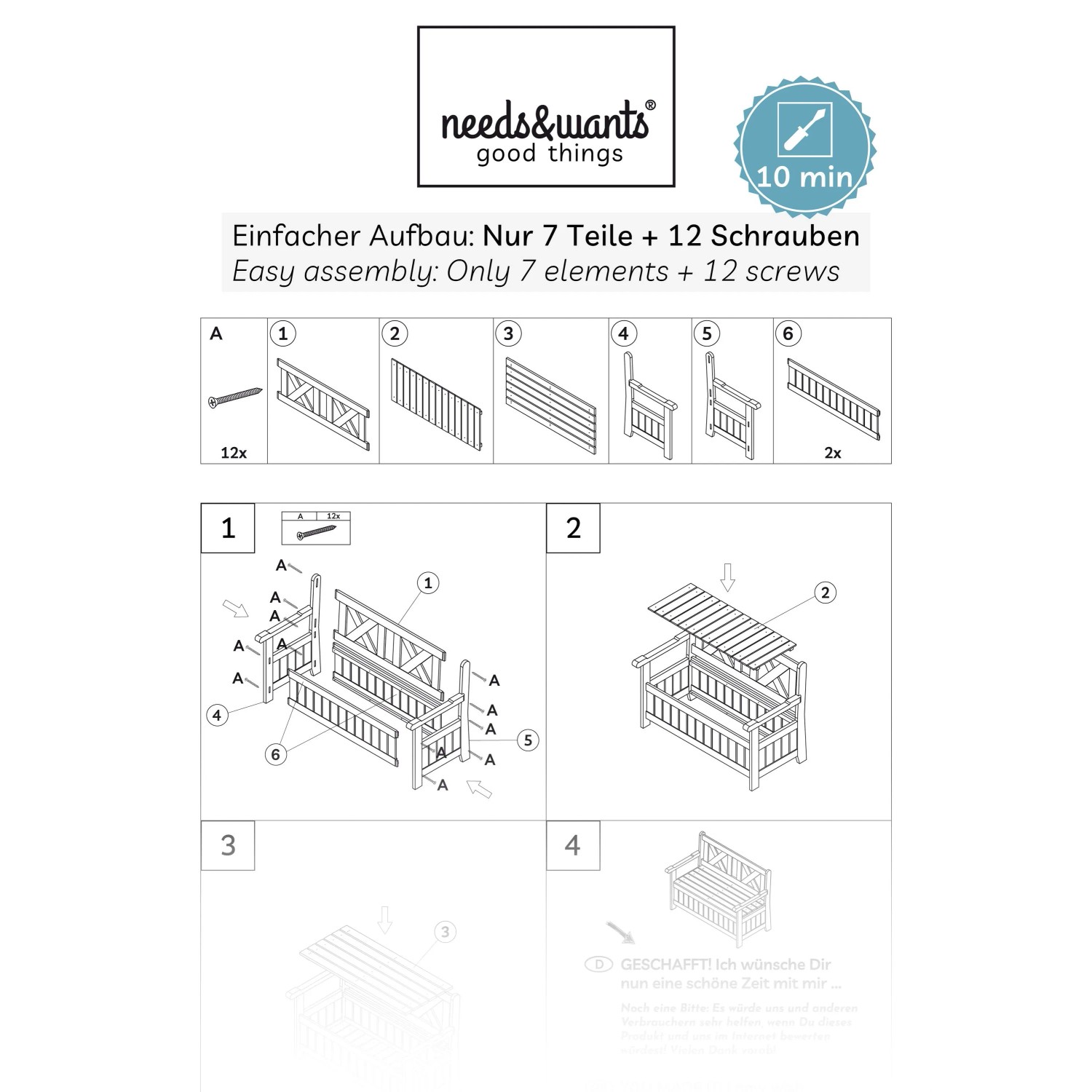 Aufbauanleitung für needs&wants Gartenbank mit Stauraum, 2-Sitzer Holzbank aus Massivholz, dunkelbraun.