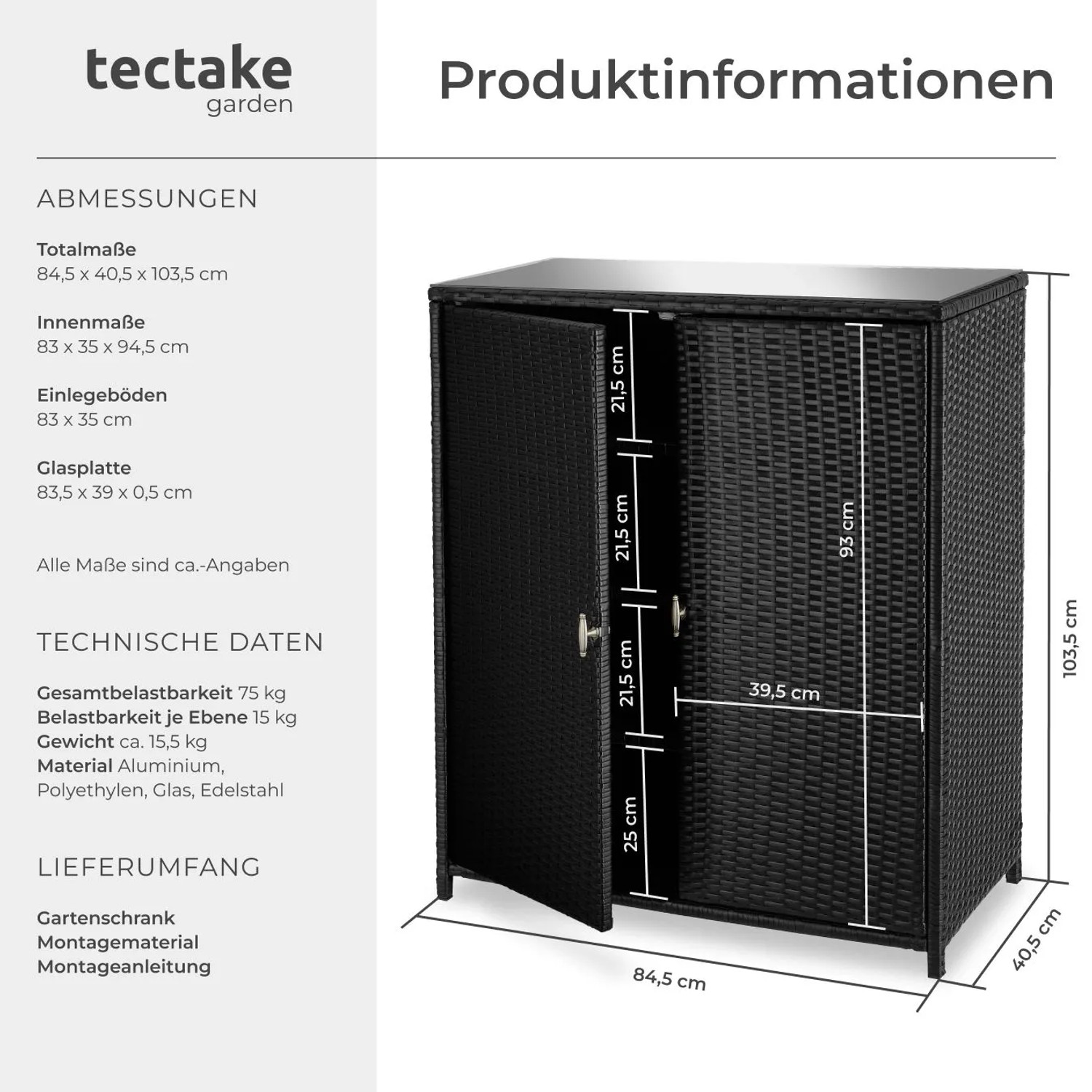 Schwarzer Tectake Gartenschrank Monza aus Polyrattan mit Glasplatte und Maßen.