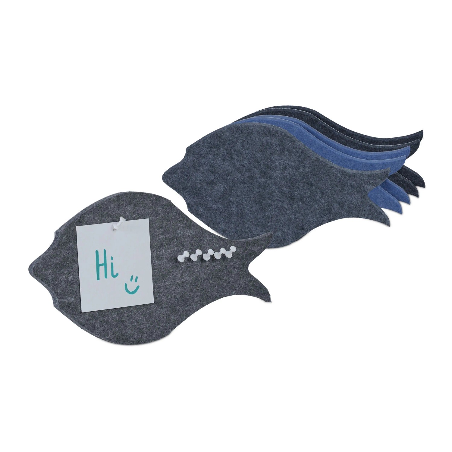 Relaxdays Filzpinnwand Fische 6er Set Filz Anthrazit Blau Grau Selbstklebend 16 cm x 30 cm x 0,9 cm 40 g