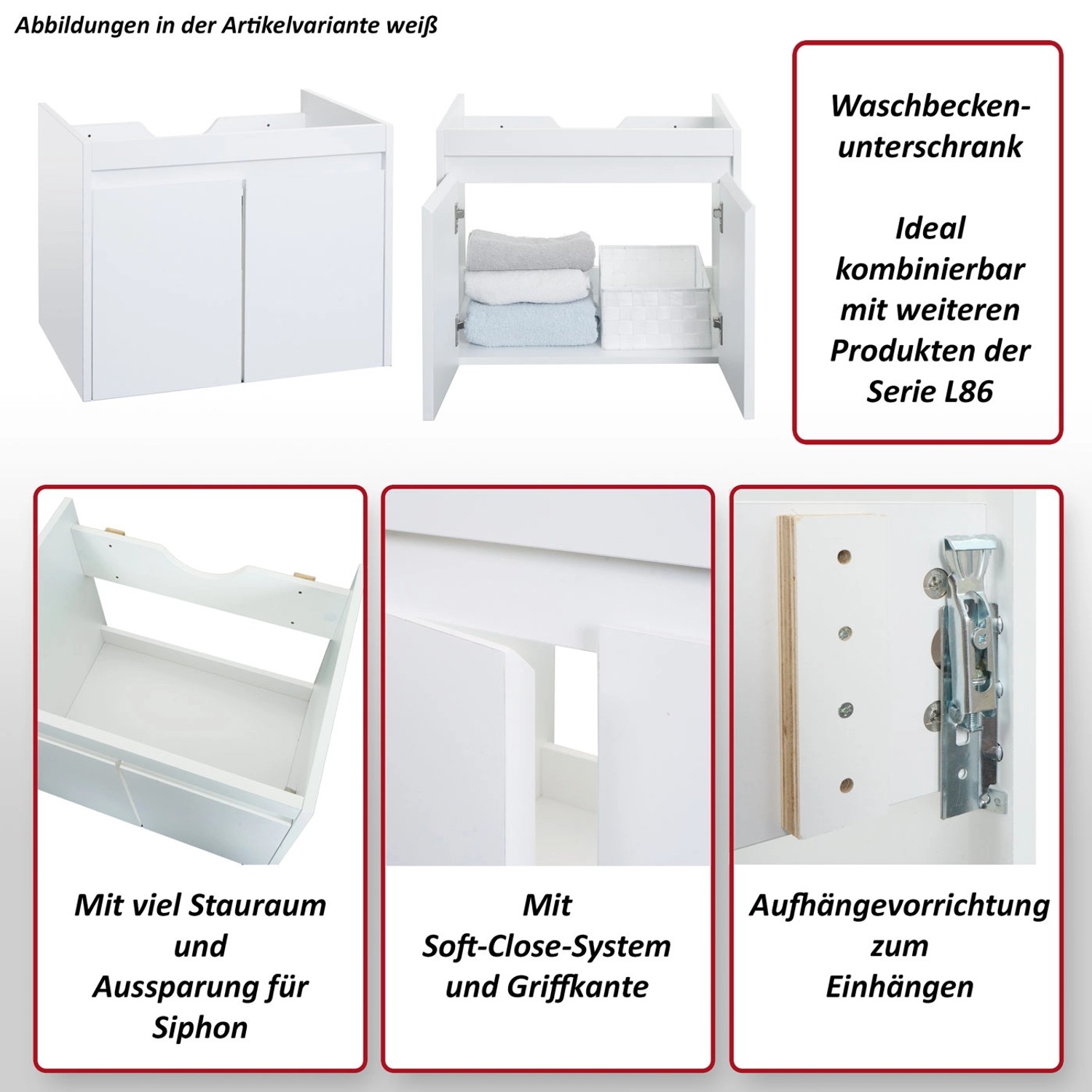 MCW Waschbeckenunterschrank L86 in Marmor-Optik Weiß mit 2 Türen und Soft-Close-System.