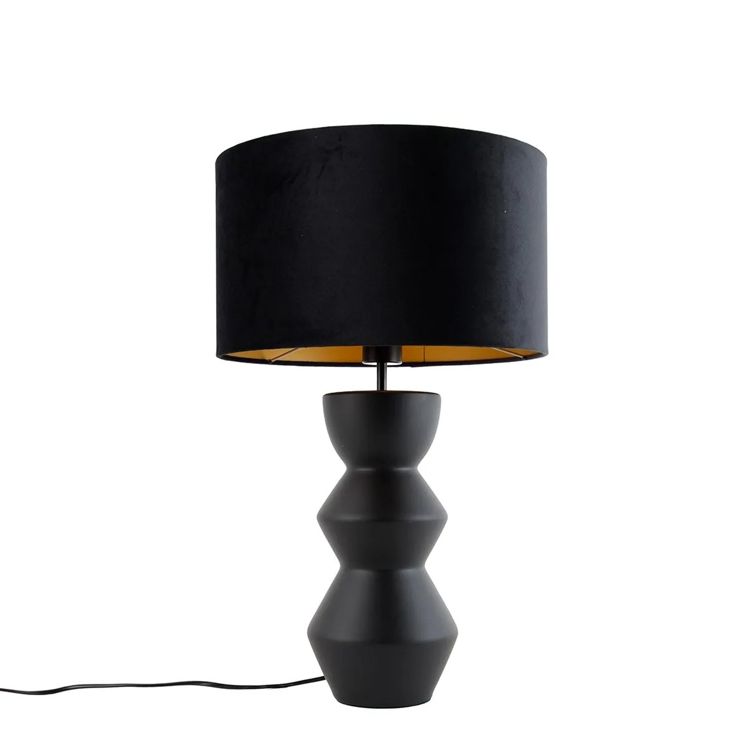 QAZQA Design Tischleuchte Schwarz Samt Schirm Schwarz mit Gold 35 cm Alisia