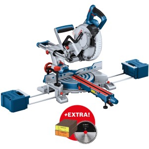 Bosch Professional Akku-Kapp- und Gehrungssäge GCM 18V-216 D mit 2 Sägeblättern und Schleifblöcken.