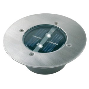 Runder Solar-Bodeneinbaustrahler Carlo aus Edelstahl mit Solarpanel und LED-Leuchten.