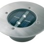 Runder Solar-Bodeneinbaustrahler Carlo aus Edelstahl mit Solarpanel und LED-Leuchten.