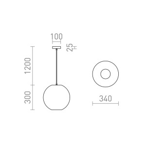 Maßzeichnung der Rendl Pendelleuchte Cosir 34. Kugelförmige Hängeleuchte mit den Abmessungen H 120 cm, Ø 30 cm.