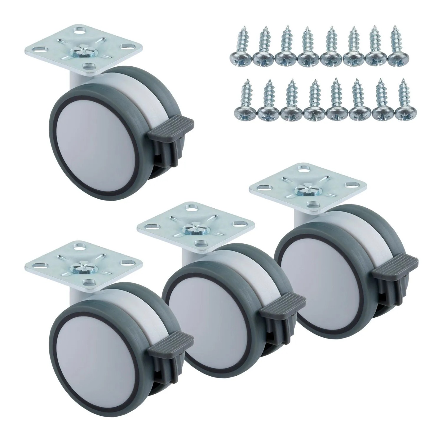 SOTECH 4er Set Möbelrolle HAMM Ø63 mm Höhe 74,5 mm Weiß Grau mit Bremse Anschraubplatte 47 x 47 mm inkl. Befestigungssch...